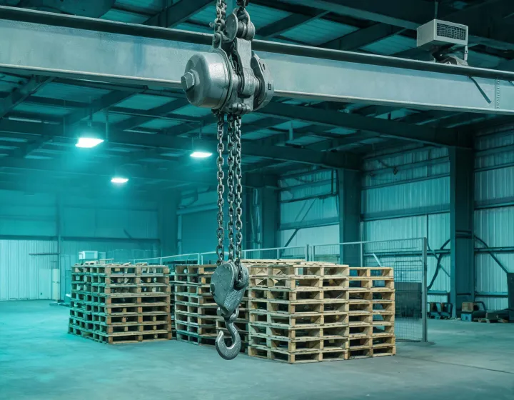 2 ton chain hoist over a warehouse work cell, illustration only